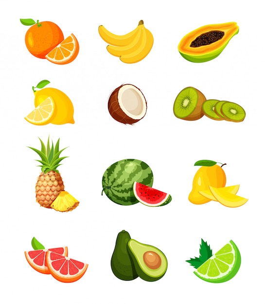 Set of exotic tropical fruits in a trendy flat style. Vegan food icons isolated on white background. Fresh whole, half, cut slice and piece of fruit.