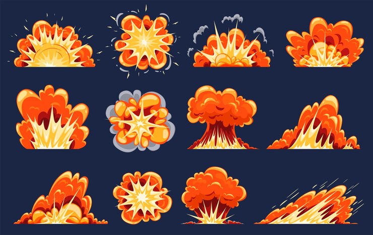 Vector set of explosions of different types and kinds in cartoon style vector illustration on white background