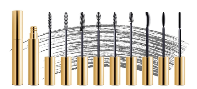 속눈썹 브러쉬 세트 마스카라 튜브 및 블랙 브러쉬 스트로크 광고 또는 잡지 페이지 화장품 개체 아름다움 개념에 대 한 마스카라 패션 배너 템플릿 현실적인 3d 벡터 흰색 절연