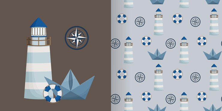 Vector a set of fabric with a lighthouse and a boat on it.