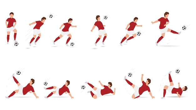 Set of faceless male soccer player kicking ball in various poses