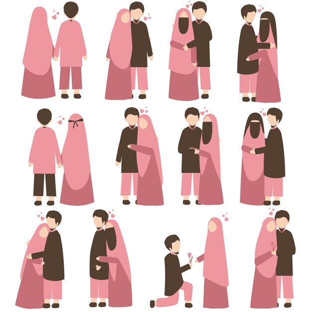 Set of faceless muslim couple