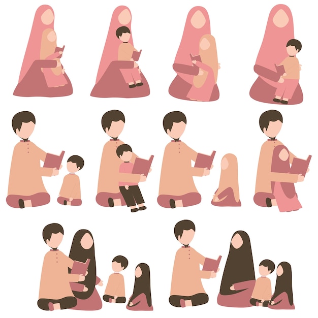 Vector set of faceless muslim family reading quran