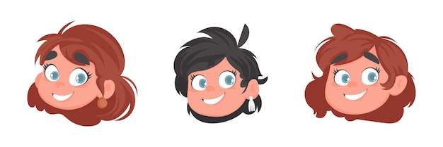 Set of faces of cute and cheerful girls cartoon style