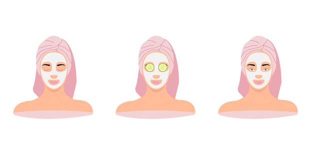 Vector set of faces of a girl in a skin beauty mask with a towel on her head and pieces of cucumber on her eyes