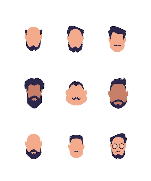 白い背景のベクトル図に分離されたさまざまな種類と国籍の男の顔のセット