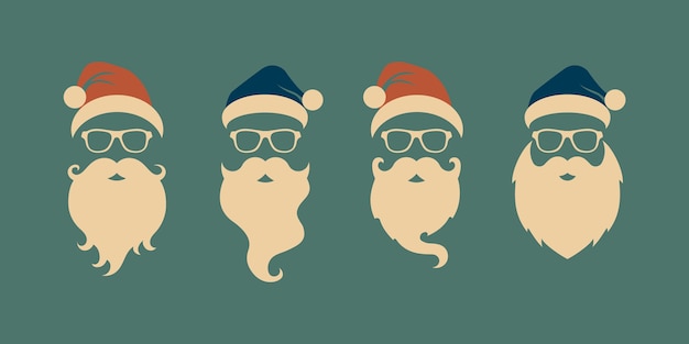 Set of faces with santa hats, mustache and beards. christmas santa design elements. holiday icons