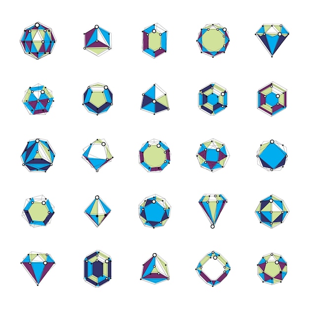 Vector set of faceted gemstone illustrations. collection of abstract vector low poly objects with lines and dots connected can be used as corporate identity abstract logos.