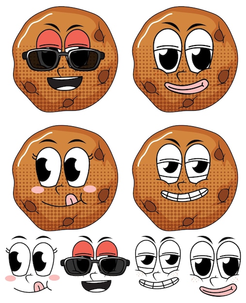 Vector set of facial expression vintage style cartoon with cookie on wh