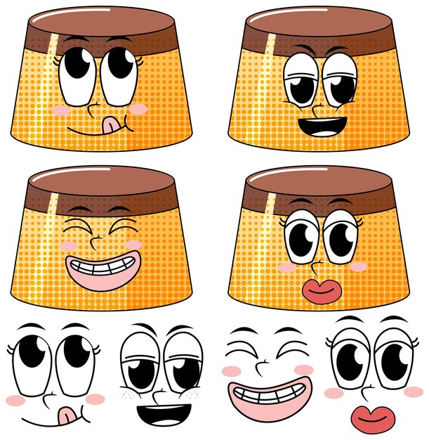 Vector set of facial expression vintage style cartoon with pudding on w