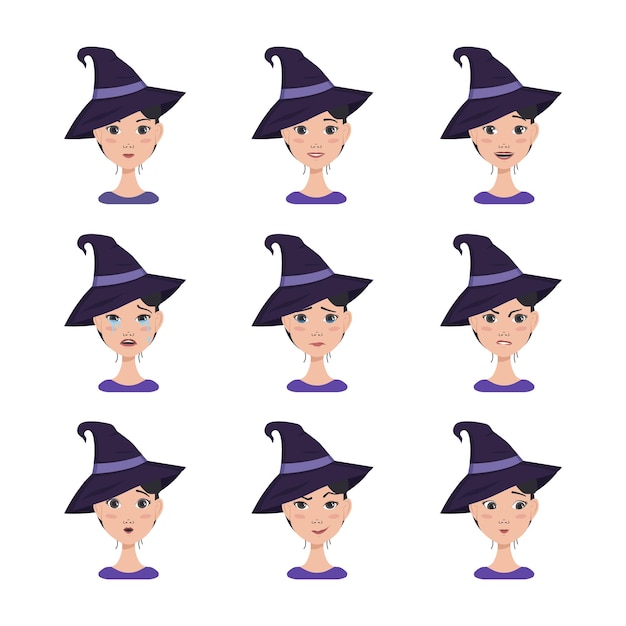 Set of facial expressions of an asian woman with dark hair in a pointed witch hat different female e...