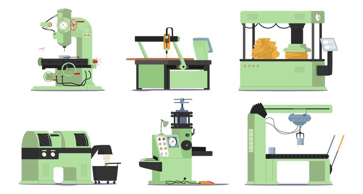 Vector set of factory machines manufacture production technology modern automated industrial equipment vector illustration