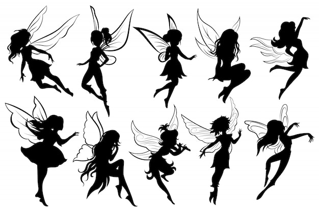 Set of fairies. Collection of girls fairy silhouettes.