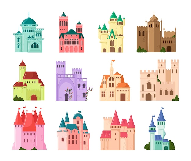 A set of fairy castles for princesses in the flat style.