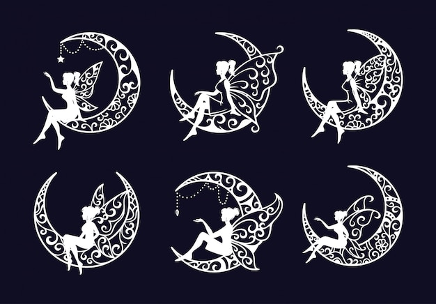 Vector set of fairy and crescent moon cut file illustration