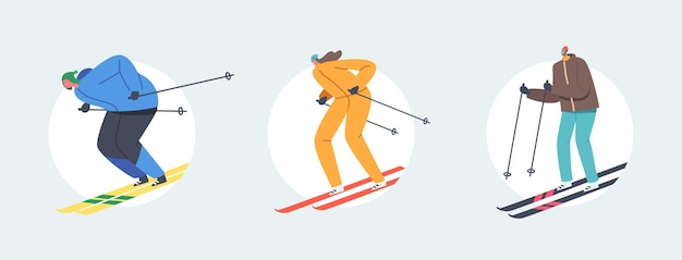 Set family extreme speed skiing. skiers isolated on white
background. winter season recreation, sport activity, slalom sport
ski race. athletes going downhills. cartoon people vector
illustration