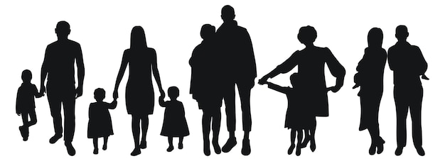 Vector set of family silhouettes of parents with children isolated vector