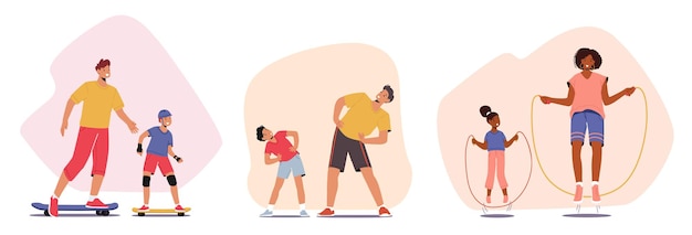 Impostare le attività sportive in famiglia esercizi giovani atleti genitori e bambini personaggi che fanno esercizio di fitness o aerobica