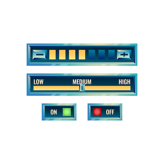 Vettore set di pannello di impostazione di controllo dell'interfaccia utente del gioco lucido fantasy con pulsante di accensione e menu di avanzamento