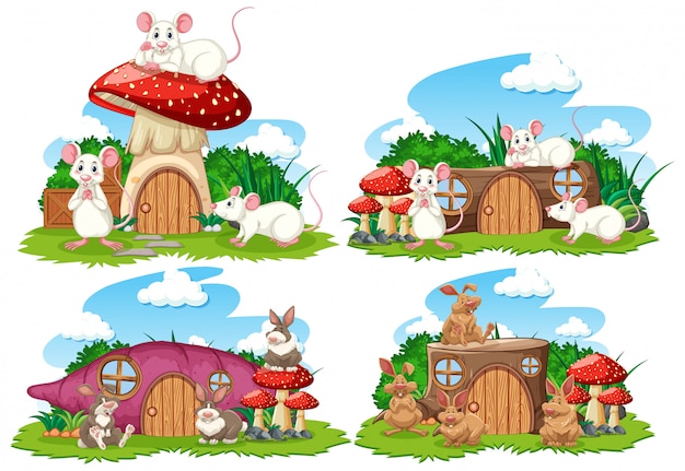 Vector set of fantasy houses in the garden with cute animals isolated on white background