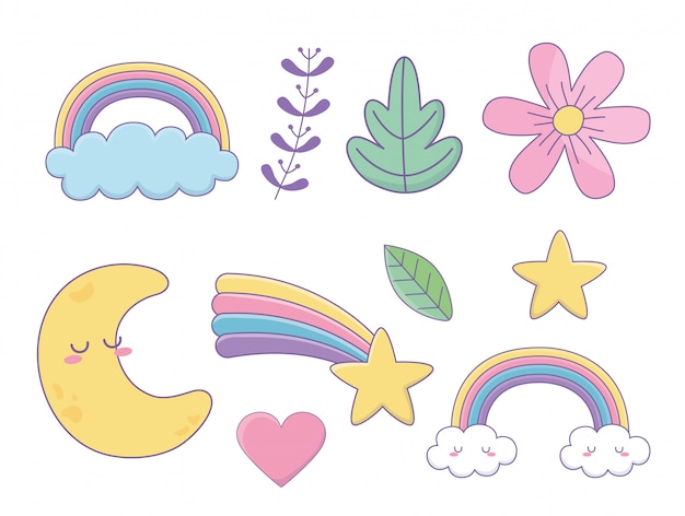 Set of fantasy icons kawaii styles