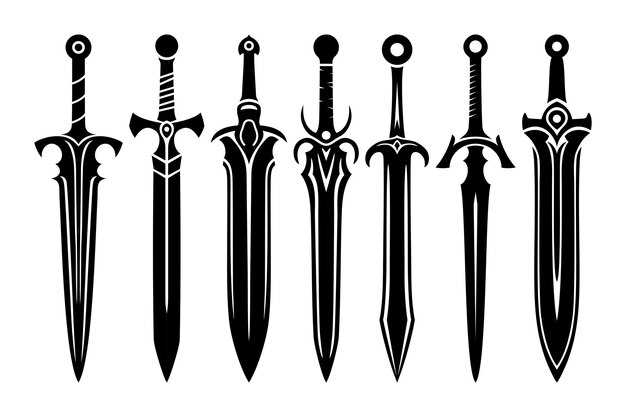 Vector set of fantasy swords icons medieval swords and futuristic weapons for game interface cartoon set of