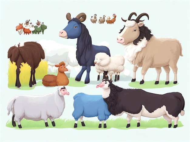 Vector set of farm animals in different poses and colors cow sheep ram horse and goat hen turkey