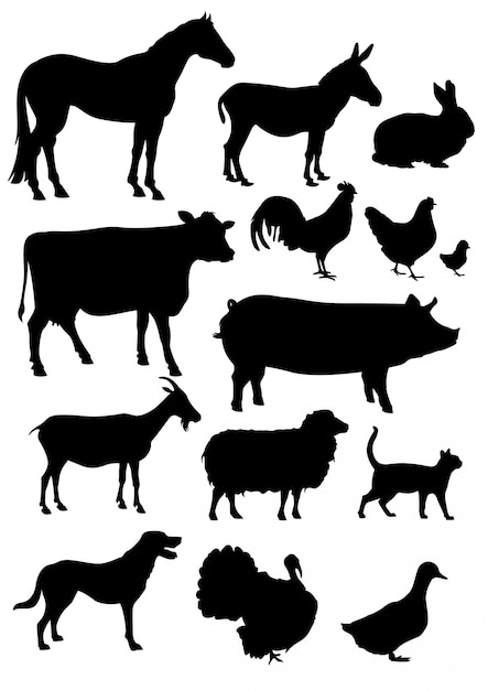 Set farm animals silhouettes collection isolated on white