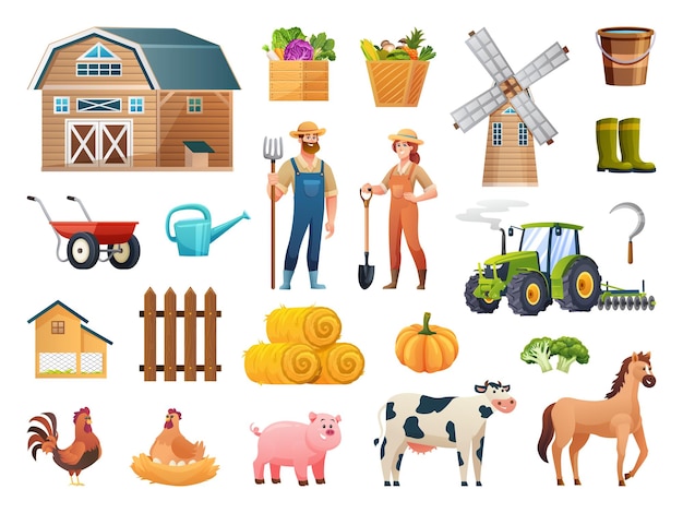 Vector set of farm elements in cartoon style