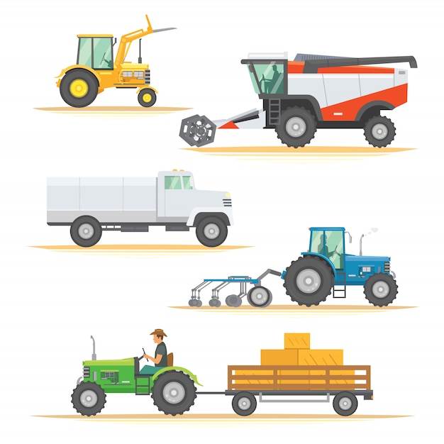 Vector set farm machinery. agricultural industrial equipment vehicles and farm machines. tractors, harvesters, combines.