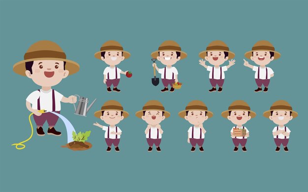 Vector set of farmer and gardener with different poses