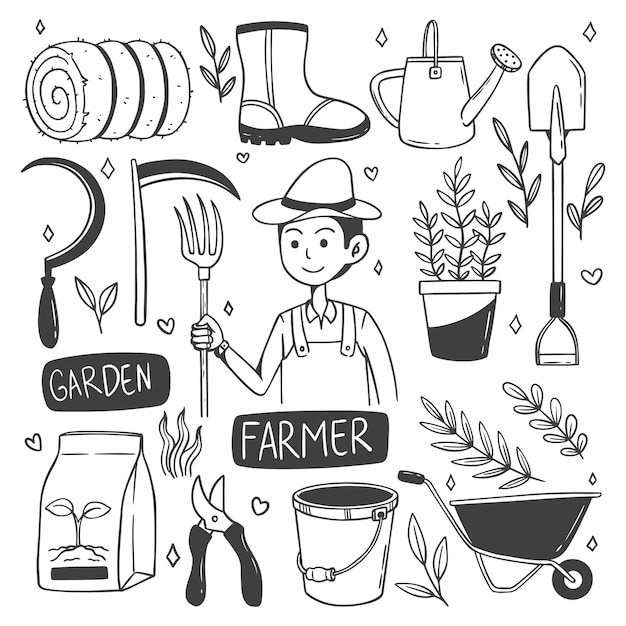 set of farmer profession doodle vector. Hand drawn farmer tools collection