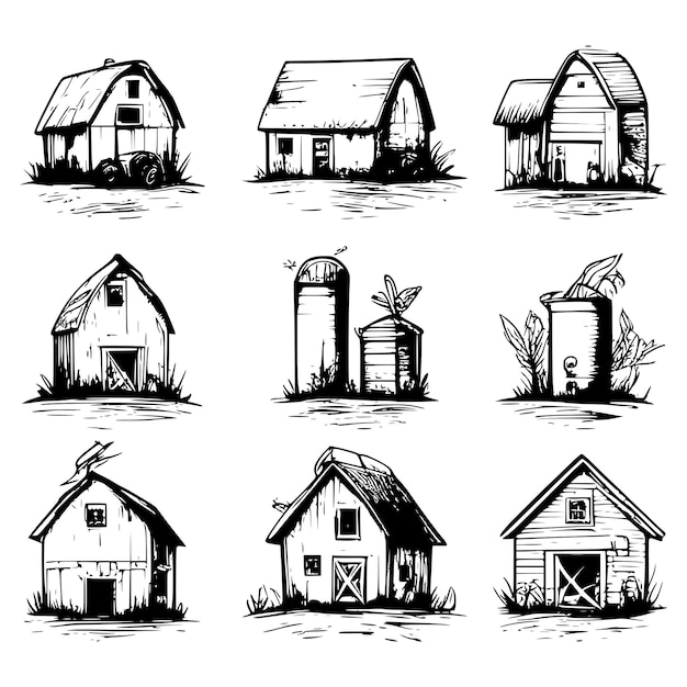 set of farming house hand drawing illustration