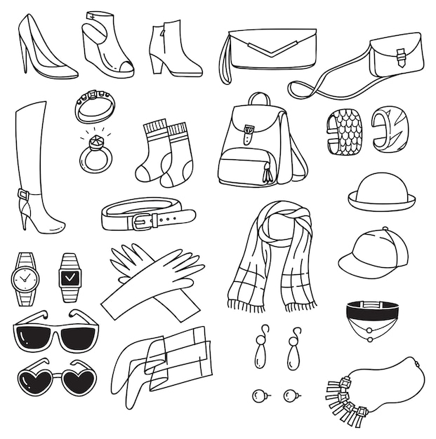 Vector set of fashion accessories doodle isolated on white background