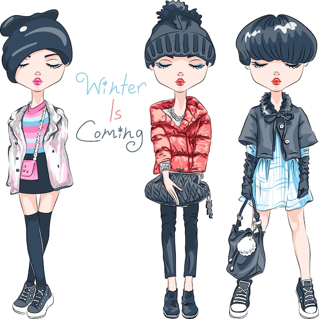 Vector set fashion girl in winter clothes