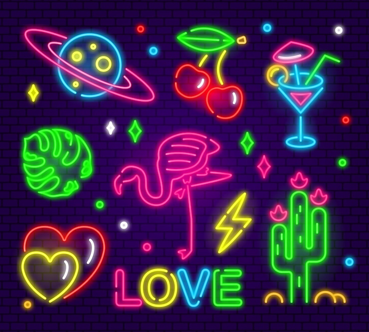 Vector ファッションネオンサイン夜明るい看板光る光バナーネオン分離アイコンエンブレムパッチのセット
