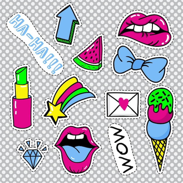 Vector set of fashion patches, cute pastel badges, fun icons vectorin 90s retro concept