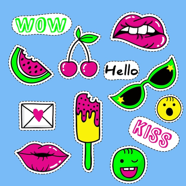 Vector set of fashion patches, cute pastel badges, fun icons vectorin 90s retro concept