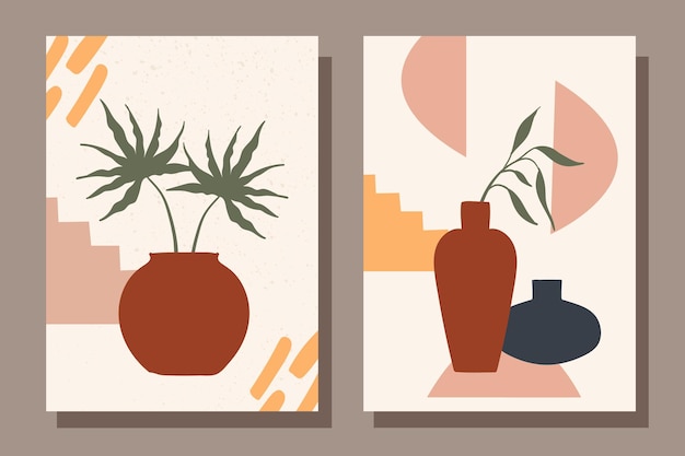 set of fashion posters with still lifes vase with plants