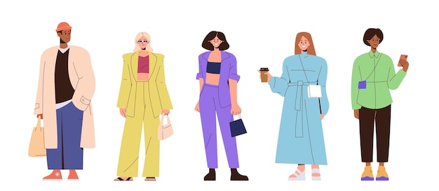 Vector set of fashion women and man characters wearing stylish casual trendy outfit and accessories