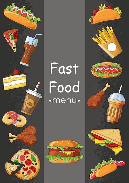 Set di fast food. ristorante con menu di cibo americano su sfondo nero. utilizzare per poster, stampa, flyer, brochure. sfondo vettoriale con cibo spazzatura per menu e pubblicità o imballaggio.