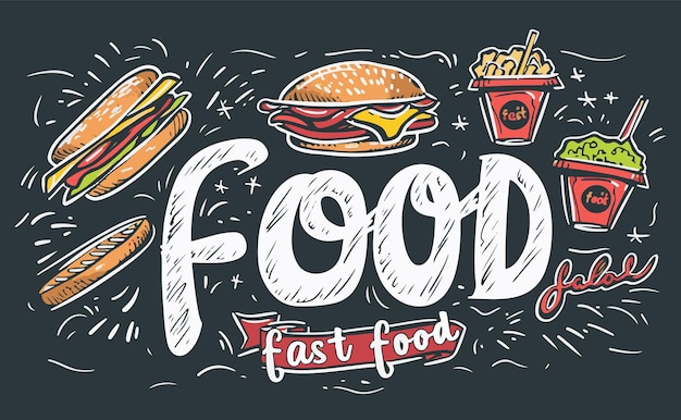 Vettore set di scarabocchi di fast food illustrazione vettoriale perfetto per il menu o il design delle confezioni alimentari