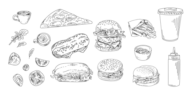 Set of fast food and drinks. Vector lineart