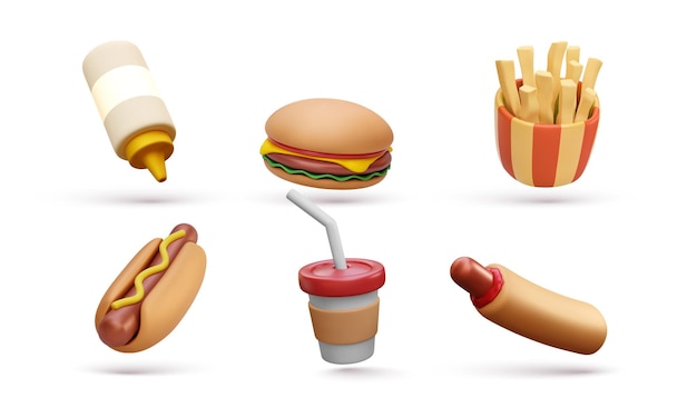set of fast food elements isolated on white background sauce burger french fries hot dog coffee in 3d realistic style vector illustrator