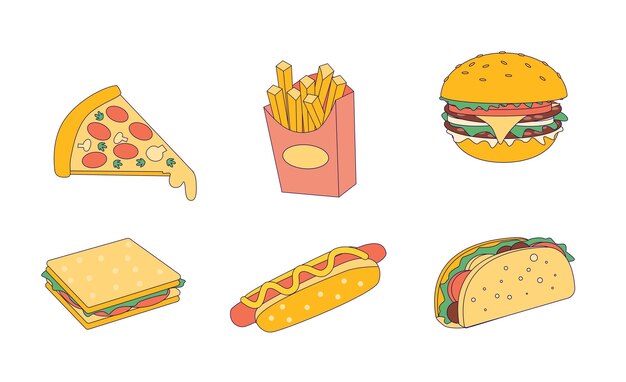 Set of fast food Illustration of cheeseburger hot dog sandwich fries and taco