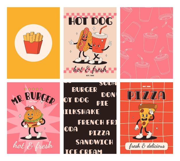 Set of fast food posters Retro groovy cards with street food characters Brochure with funky groovy burger french fries soda ice cream donut pie coffee to go sandwich Fast food delivery