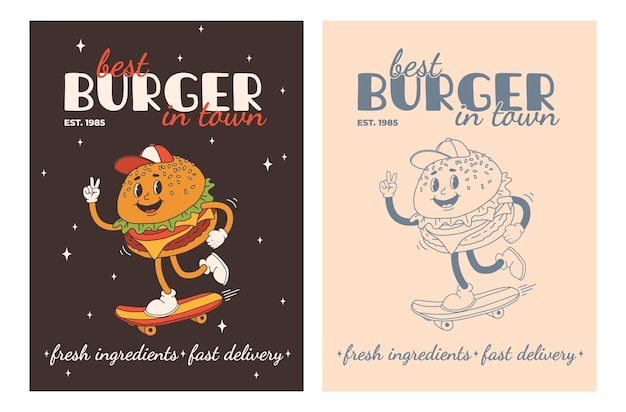 Set of fast food posters Retro groovy cards with street food characters Brochure