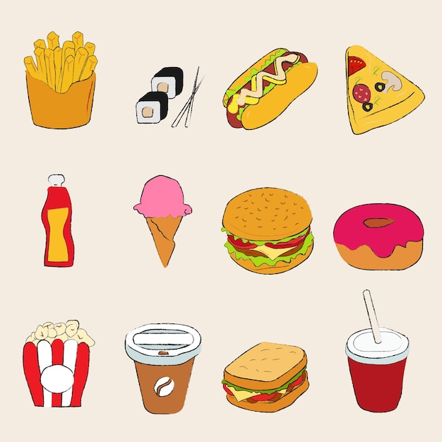 A set of fast food products french friesrollshot dogpizza sliceketchup bottleice creamhamburgerdonutpopcorncoffeesandwichdrink on beige background vector illustration