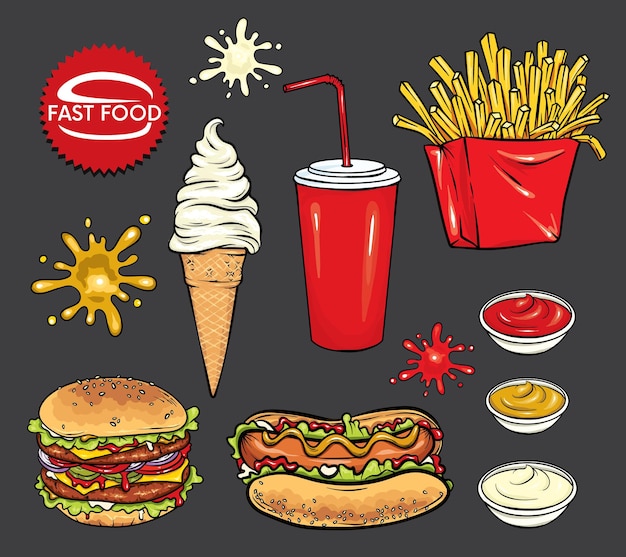 Set di fast food realistico hot dog hamburger gelato un bicchiere con soda e macchie di ketchup