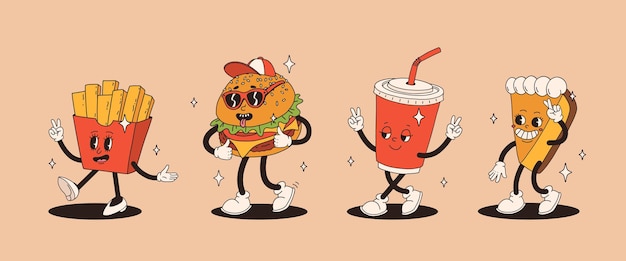 Set di fast food retro groovy personaggio di cartoni animati vintage mascotte di hamburger pizza hot dog gelato patatine francesi caffè per andare ciambella e soda con sorriso felice funky street food illustrazione